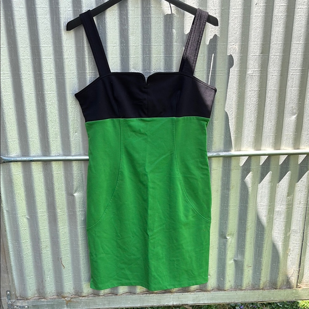 Derek Lam Black and Peacock Green Sheath Mini Dress with Sweetheart Neckline
